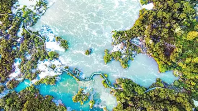 An aerial bird's-eye view of a winding wooden boardwalk crossing through vibrant turquoise and pale green geothermal pools surrounded by dense green native bush.