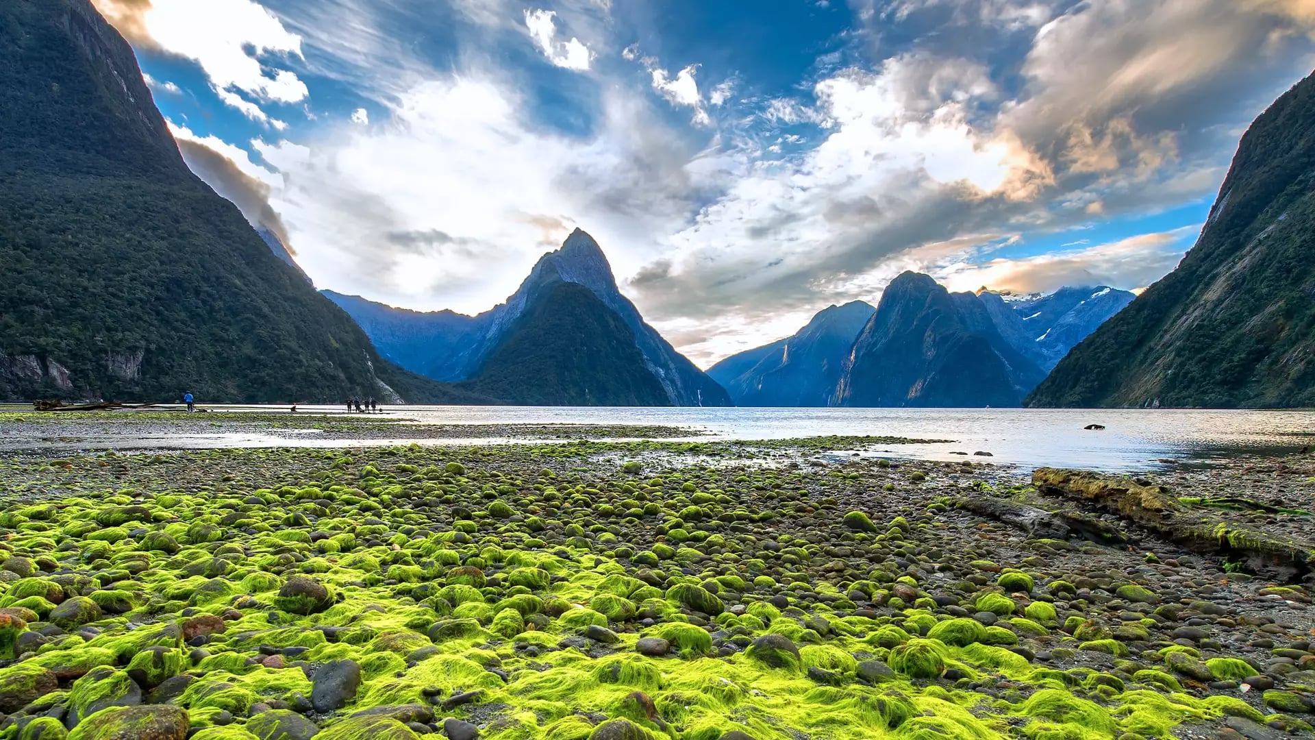 View of a lake surrounded by green moss-covered rocks and tall mountains under cloudy sky.