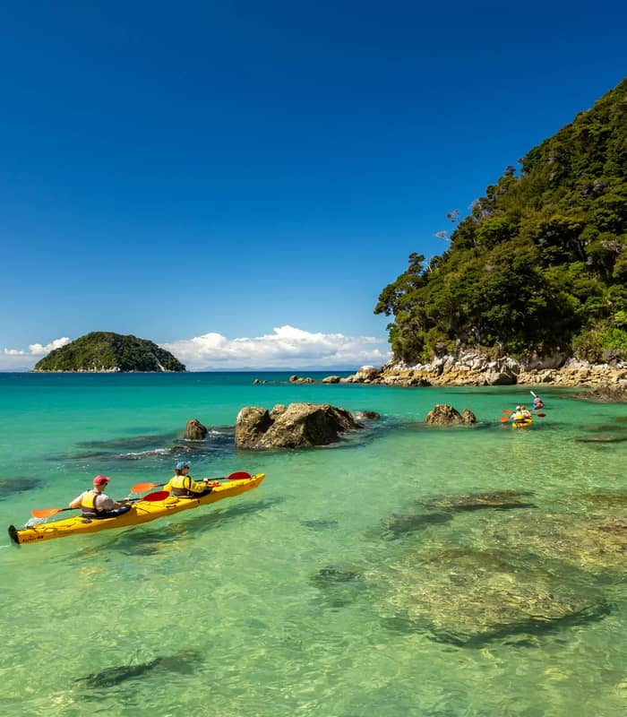 Two people kayaking in clear turquoise waters near a rocky green coast under a blue sky.