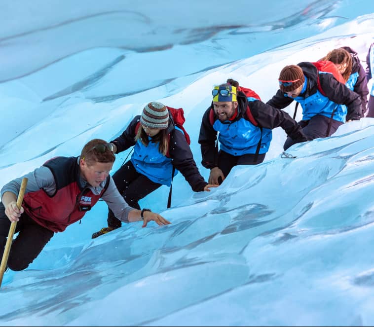 A professional guide leads a group of hikers in blue jackets across the undulating blue ice of Fox Glacier.