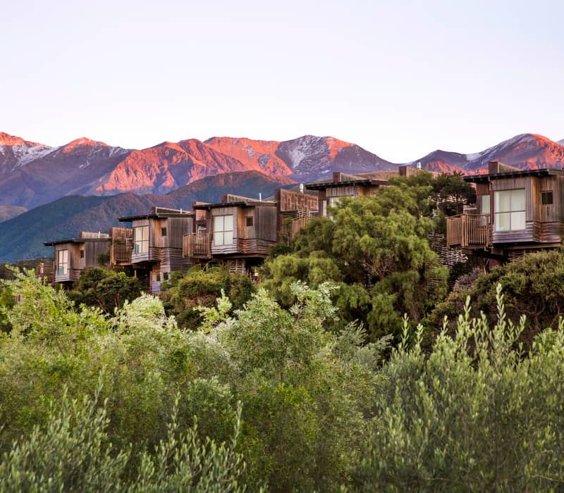 Wooden lodges in forest with sunlit mountains in the background at sunset.