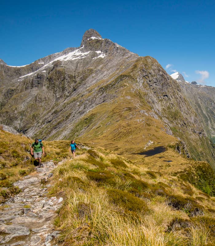 Hikers walking on a mountain trail with rocky peaks and green valleys under clear blue sky.