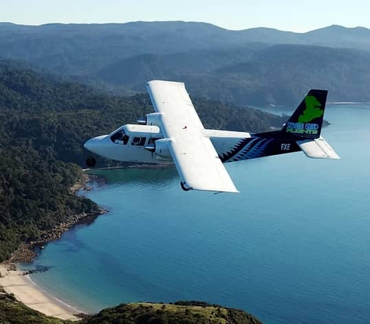 Seaplane flying above a forested coastline with sandy beach and mountains in the background.