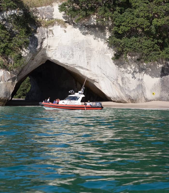 Tour boat with passengers near a large coastal cave with cliffs and greenery in blue ocean water.