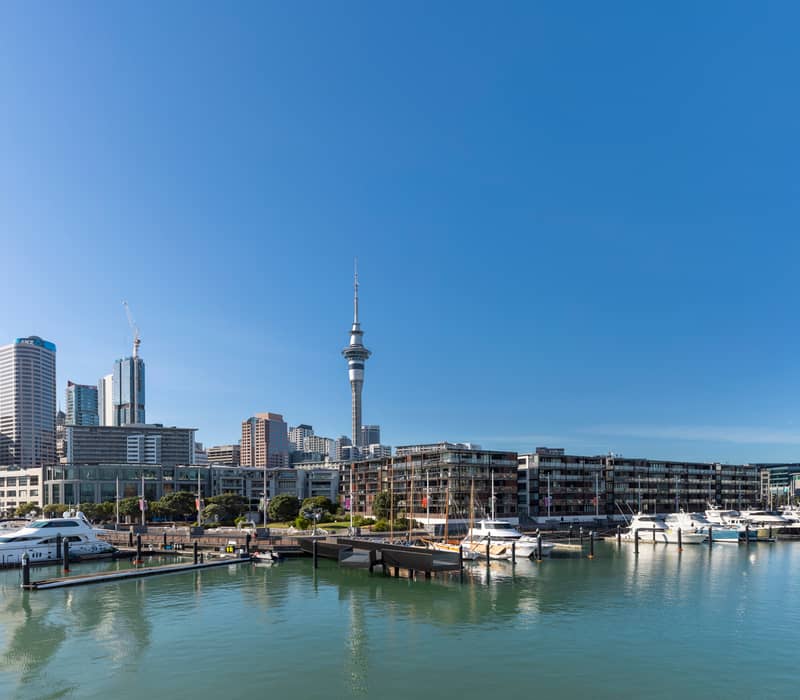 Auckland waterfront with yachts and city skyline including the Sky Tower on a clear sunny day.