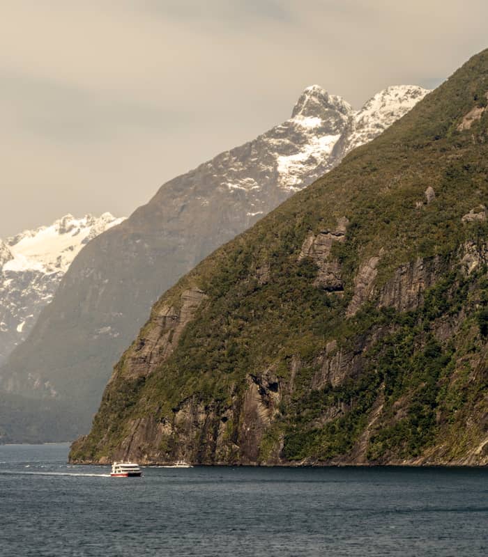 Boats cruising on a fjord with forested cliffs and snow-capped mountains in the background.