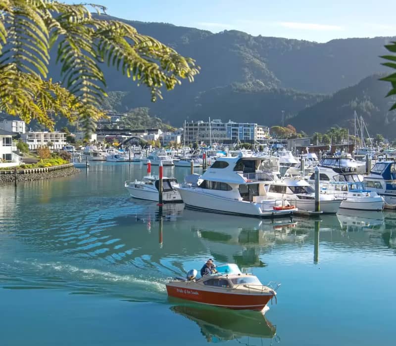 Motorboat cruising in a marina with boats, houses, and mountains in the background under blue sky.