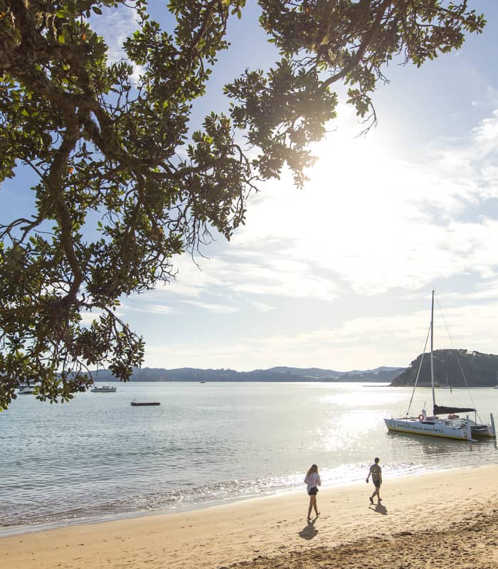 Two people walking on sandy beach with sailboats on calm water and island in background on sunny day.