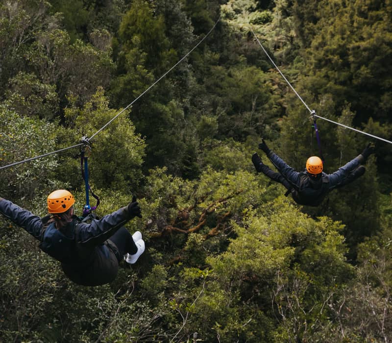 Two people ziplining over dense green forest wearing helmets and safety gear.