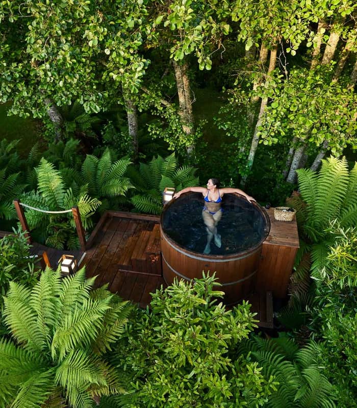 Woman in blue swimsuit relaxing in wooden hot tub surrounded by lush green ferns and trees on a deck.