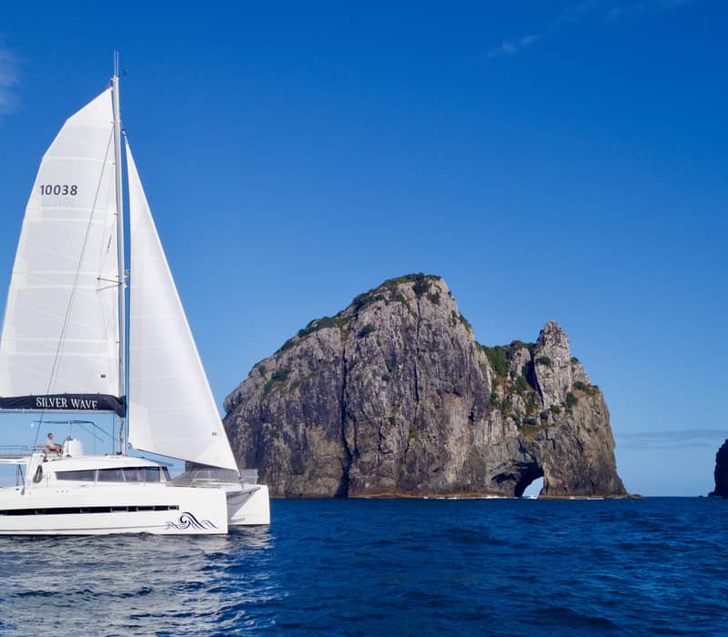 White catamaran sailing near a large rock formation with a natural arch over blue ocean water.