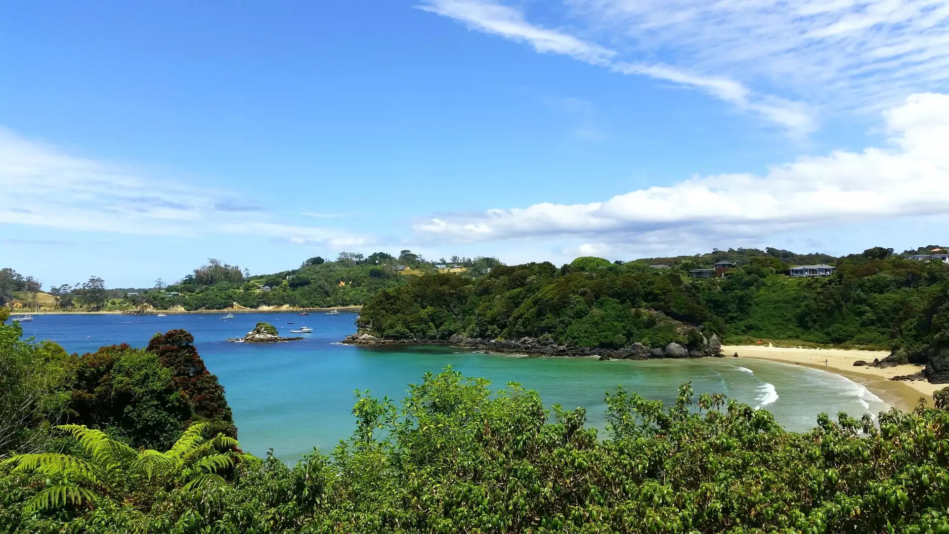 Scenic beach bay with green trees and boats on clear blue water under a blue sky
